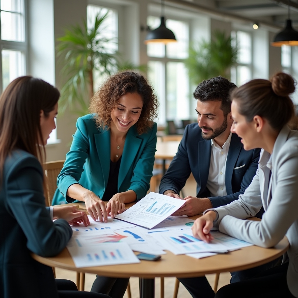 Marketing team discussing campaign data trends around a table with printed charts and a laptop