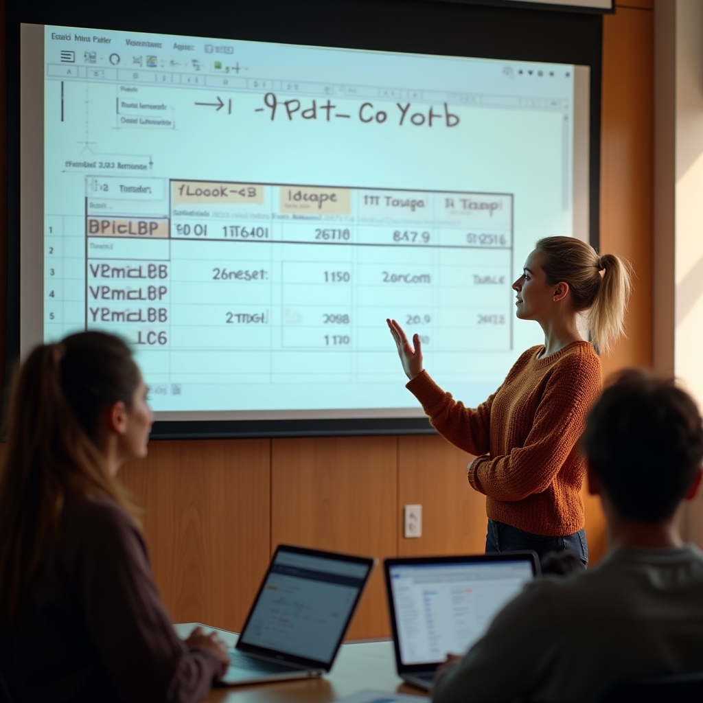 Course facilitator explaining a spreadsheet formula on screen to marketing course participants during an evening session