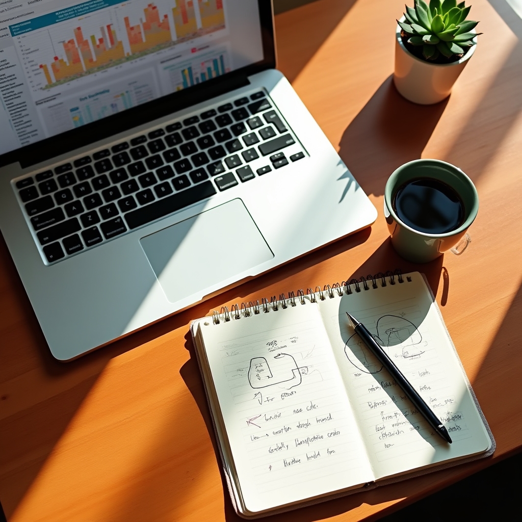 Desk with a notebook, pen and open spreadsheet showing campaign performance planning